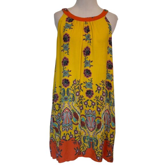 Suzanne Betro Weekend Tank Dress Womens Size 2X Yellow Floral Goddess Neck Boho - Picture 1 of 6